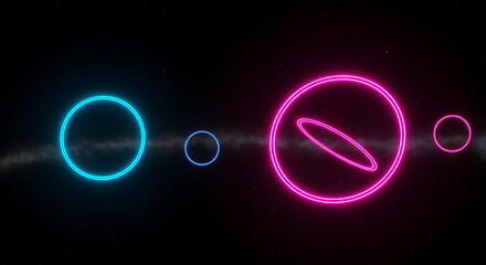 Naklejka premium Neon Galaxy: A vibrant composition featuring glowing neon rings and celestial elements against a deep black expanse.