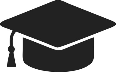 Black Graduation Cap Silhouette – Classic Mortarboard with Flat Square Top and Hanging Tassel – Academic Achievement Symbol for Graduation Events, Logos, Icons, and Educational Designs