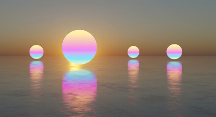 Celestial Spheres at Twilight: Holographic spheres cascade across a serene expanse, their iridescence mirrored in the water under the soft, warm hues of a twilight sky.