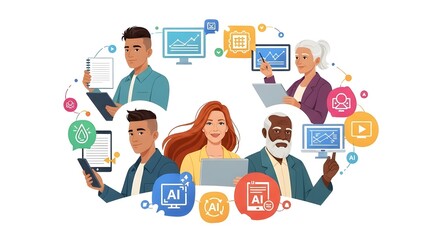 People surrounded by AI-generated content icons – writing, graphics, video, automation – vector