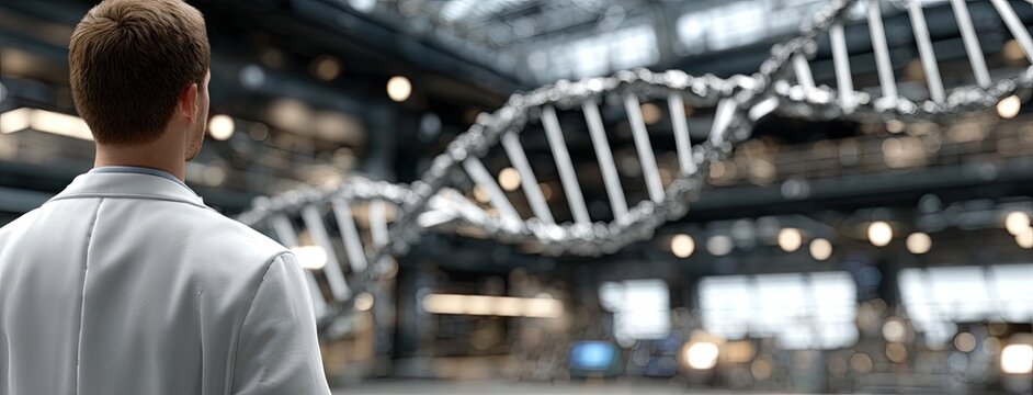 Young scientist in lab coat presents a hologram of DNA, showcasing dedication to research and science during Black History Month
