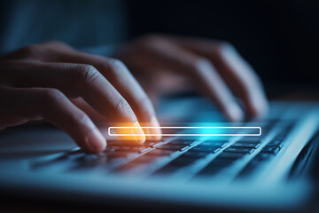 Close-up of hands typing on an online learning platform, progress bar and soft lighting.