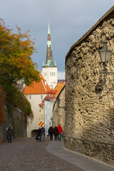 Eastern Europe, Baltic States, Estonia, Tallinn. Old town, city wall and church tower. St. Olaf's...