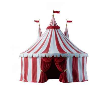 Classic Red and White Striped Circus Tent Big Top Festival Carnival Show Elegant Vintage Style Fairground Entertainment Magical Atmosphere Event Tent Design Illustration 3D Fun Joy Flags    