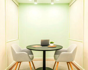 Small private office with round black table and grey chairs