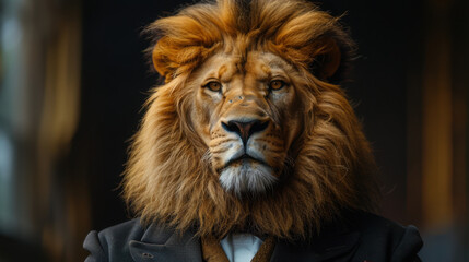 Fototapeta premium Lion businessman in a suit, corporate company entrepreneur, manager or boss, CEO leader success, ambitious and confident executive director, career motivation.