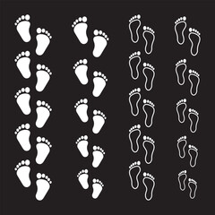 Footprint icons set, barefoot silhouette, shoe sole imprint vector, walking steps symbol, footwear pattern design, black foot shape art, isolated walking icons, sole tracking marks.