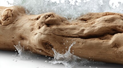 Water splashes over driftwood and stones on a clean white surface, highlighting the intricate textures and natural elements