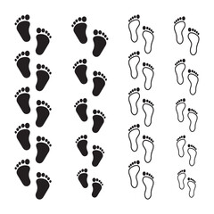 Footprint icons set, barefoot silhouette, shoe sole imprint vector, walking steps symbol, footwear pattern design, black foot shape art, isolated walking icons, sole tracking marks.