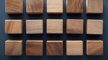 Many wood cubes lying on dark blue background surface, natural square timbers closeup