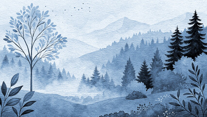 Blue watercolor landscape depicting a misty winter mountain forest, with towering pine trees, delicate leafless branches, and a peaceful sky, perfect for nature-themed designs and art projects.