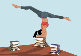 Woman, girl Doing Yoga Handstand on Book Stacks &ndash; Balance & Focus