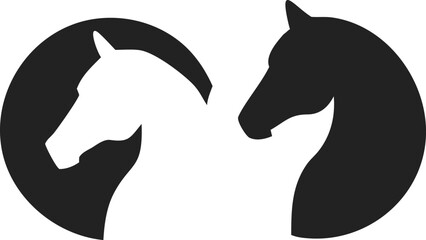Minimalist Black and White Horse Illustration – Opposing Horse Profiles in Circular Design with Modern Aesthetic – Monochrome Equine Silhouette Artwork for Logos, Prints, Decor, horse head silhouette