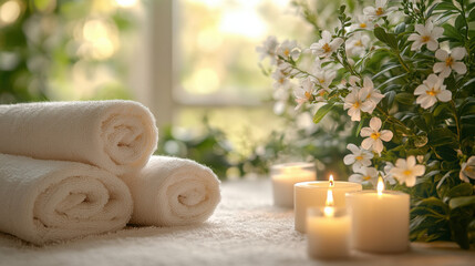 Luxurious spa setting with white towels, candles, and plants. Bright and clean ambiance perfect for relaxation and rejuvenation.