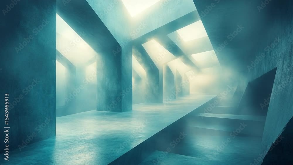 Poster Architectural Impression: Captivating shot of an abstract, futuristic architectural design, with linear structures and atmospheric lighting and high-angle perspective.