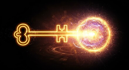 Glowing Golden Key with Energetic Aura: Digital Security, Access, and Solution Concept.
