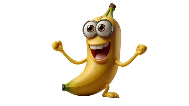 "Cheerful banana cartoon character with big eyes, laughing open mouth, funny pose, tiny legs and arms, transparent background, PNG"


