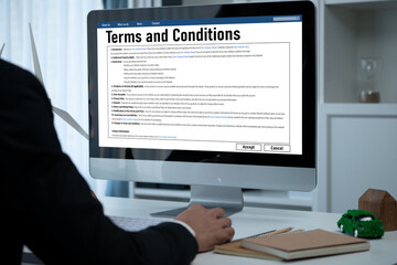 Digital legal contract provide terms and conditions document on computer screen ready for online...