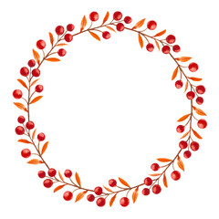 Autumn round frame with watercolor leaves on a white background. Plants arranged in a circle. Hand drawn illustration for your design, print, textile