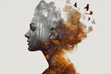 Double exposure of female profile with forest inside, birds and insects blending into hair texture.