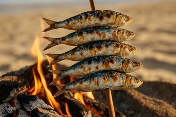 Traditional grilled sardines on skewer over open fire at the beach. Spanish espeto style barbecue. Concept of summer, seafood, coastal cuisine, and outdoor cooking. Warm and rustic setting.