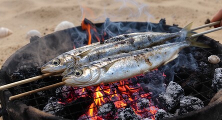 Traditional grilled sardines on skewer over open fire at the beach. Spanish espeto style barbecue. Concept of summer, seafood, coastal cuisine, and outdoor cooking. Warm and rustic setting.