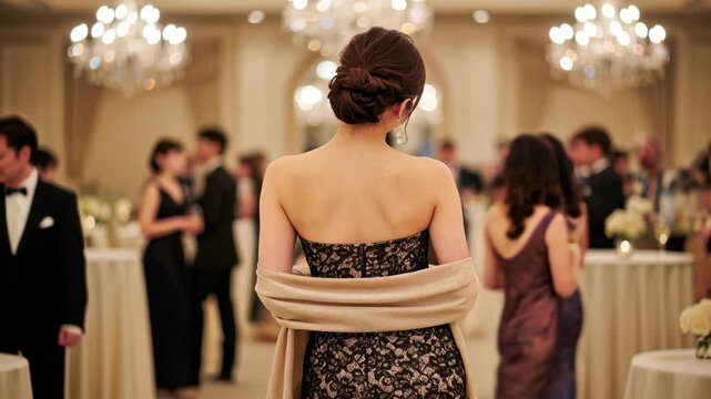 パーティー会場でドレス姿の女性が振り向く瞬間