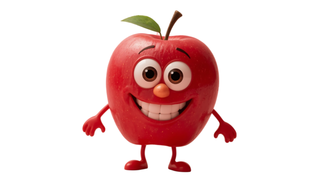 "Cute red apple cartoon character with big shiny eyes, wide smile, tiny arms and legs, happy face, transparent background, PNG" - Powered by Adobe