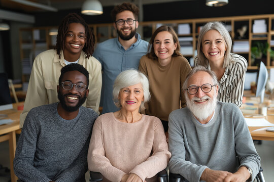 Diverse team in open office: different ages, genders, ethnicities, visible disability representation, collaborative mood.