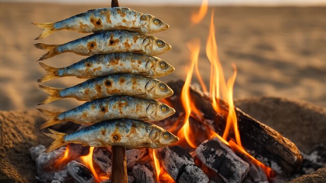 Traditional grilled sardines on skewer over open fire at the beach. Spanish espeto style barbecue. Concept of summer, seafood, coastal cuisine, and outdoor cooking. Warm and rustic setting.