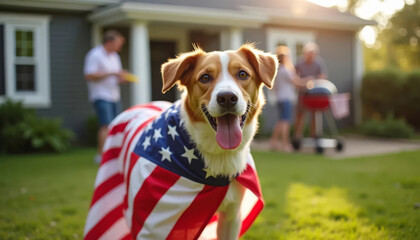 Happy dog in American flag cape on backyard lawn during Fourth of July barbecue celebration with family in background