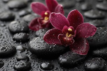 Two dark-red orchids rest on smooth, wet black stones; water droplets glisten