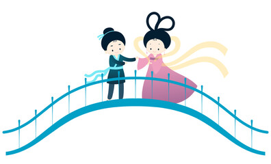Qixi Festival, Tanabata lovers meeting on magpie bridge kawaii characters illustration, isolated vector. Hand drawn cute flat style design. Traditional Chinese holiday element. China Valentines Day