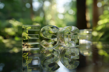ESG typography made of glass or crystal, placed on a reflective surface with green forest bokeh in the background.