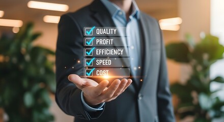 Businessman displays quality profit efficiency speed cost success checklist in modern office