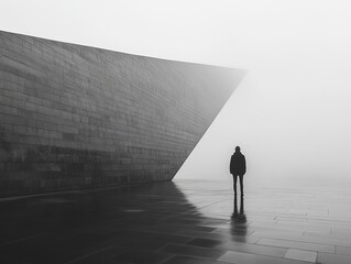 Silhouette of Person Standing in Front of Modern Architectural Structure with Reflective Floor in Foggy Atmosphere