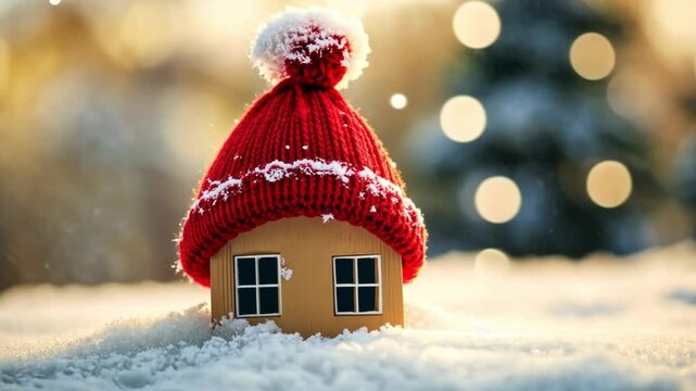 Cozy Winter Home: A miniature house nestled in the snow, wearing a warm knitted hat, evoking feelings of warmth and comfort during the winter season.