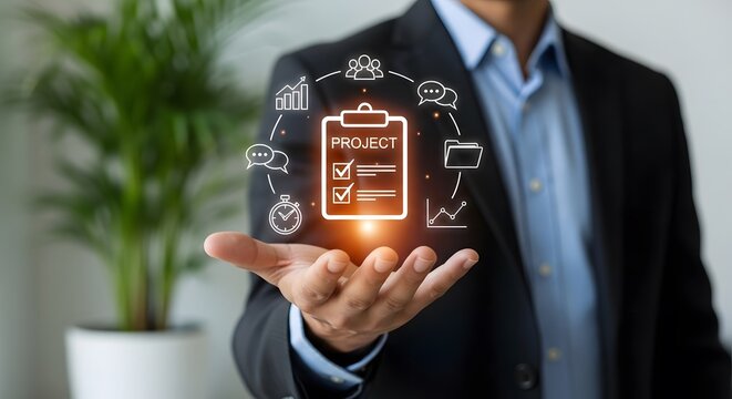 A businessman manages a digital project plan showcasing tasks, team collaboration, and data analysis for efficient workflow.