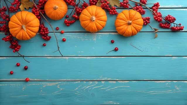 Vibrant Autumnal Scene with Small Bright Orange Pumpkins and Red Berries on a Rustic Blue Wooden Background for Thanksgiving