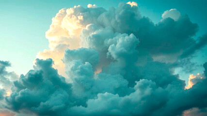 Cumulus clouds against a vibrant blue-green sky, with warm sunlight illuminating their edges, creating a stunning and dynamic natural cloudscape.