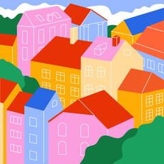 Cityscape with beautiful houses in bright colours