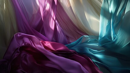 Multicolored sheer fabric drapes in a vibrant display.