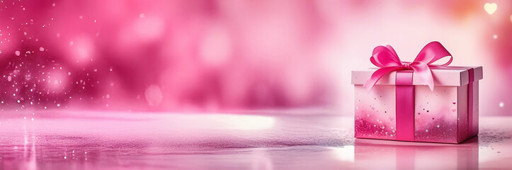 Pink gift box with bow on blured bokeh background. Banner