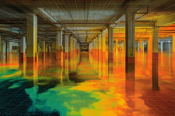 Factory partially flooded, abstract data layer above showing climate risk analysis with heatmap style.