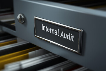 Filing cabinet drawer labeled ‘Internal Audit’ – minimal office metaphor for control.