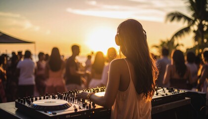  Beach Summer Party DJ. A DJ enjoying and playing music at a lively summer beach party, surrounded by dancing and cheerful people.