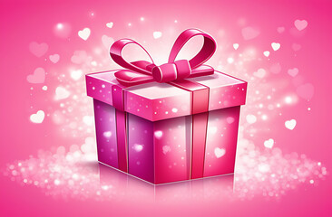 Pink gift box with bow on blured bokeh background. Banner