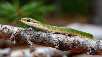 Obraz premium A green snake is perched on a tree branch, its tongue extended as it actively surveys its surroundings in the forest