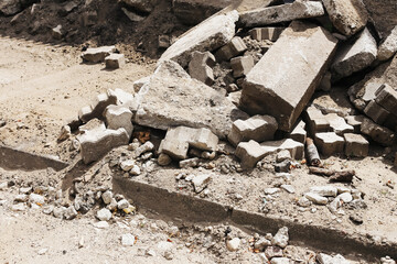 War zone ruins and rubble. Demolition debris after destruction. Cracked concrete and dust. Urban...
