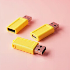 Three yellow usb flash drives on pink background